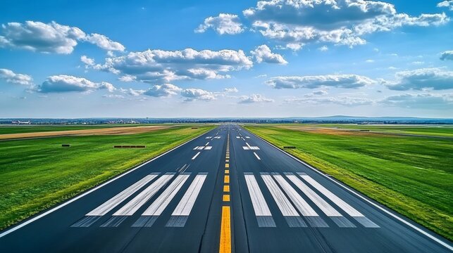 Fototapeta A Scenic View of an Empty Aviation Runway Extending Towards the Horizon Under a Clear Blue Sky