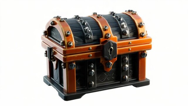 Stylized treasure chest with orange and black metal accents, glossy texture, isolated on white background. Concept of fantasy or gaming loot