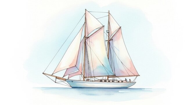 Minimalist watercolor of a classic two-masted sailing ship, white hull, soft pastel sails, on tranquil water