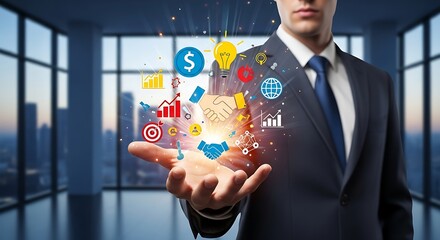 Businessman presenting business icons floating above his open hand