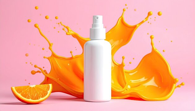 White spray bottle with orange splash on pink backdrop (1)