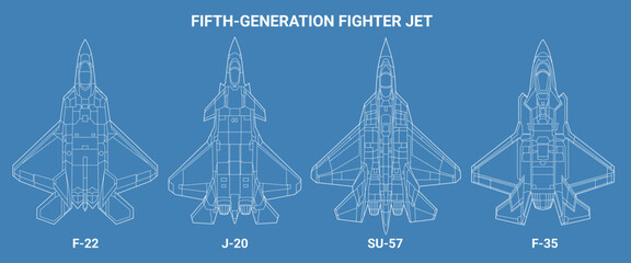 Set of fifth generation fighter jet in blueprint style from top view. Vector illustrations sukhoi f-22 raptor, su-57, chengdu j-20, f-35 fighter jet. Lineart various military 5th-gen combat aircraft.