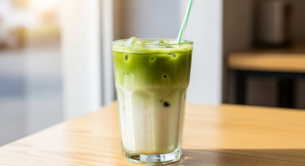 Iced matcha latte on a wooden table, a refreshing blend of green tea and milk, perfect for a hot day, served in a clear glass with a straw