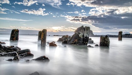 Weathered wooden posts & rocks on a blurred beach at dusk under a cloudy sky