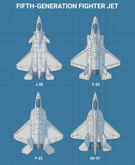 Set of fifth generation fighter jet in blueprint style from top view. Vector illustrations sukhoi f-22 raptor, su-57, chengdu j-20, f-35 fighter jet. Various military 5th-gen combat aircraft design.
