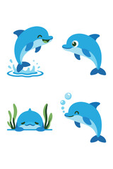 Obraz premium Cute Blue Dolphin Character Vector Illustration Set Jumping and Swimming with Different Emotions