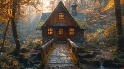 Cozy cabin in the woods; bridge over creek; warm autumnal light and color