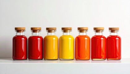 Colorful potions. Row of bottles gradient from red to yellow