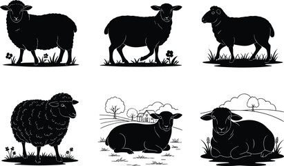 Black sheep silhouettes standing, walking, lying on grass with flowers, rural farm landscape, countryside hills, wool texture, livestock illustration, agriculture design