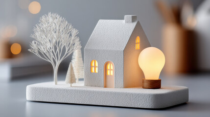 Miniature house warm light cozy glow minimalist decor white ceramic soft focus modern interior energy concept night ambiance wooden base gentle bokeh serene mood home model table display small