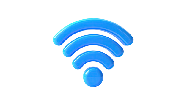 A glossy, blue, 3D rendering of a WiFi symbol on a stark black background