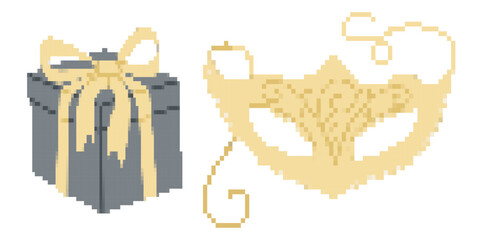 Pixel style gift box with golden ribbon and decorative masquerade mask. Symbolizes holiday celebration, luxury, and festive party concept