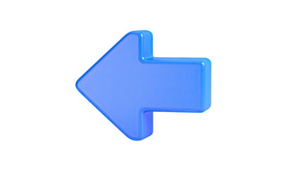 A glossy, 3D, powder blue arrow pointing left against a black background