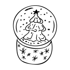Hand drawn snow globe with Christmas tree and falling snow inside. Represents winter holiday decoration and festive season concept