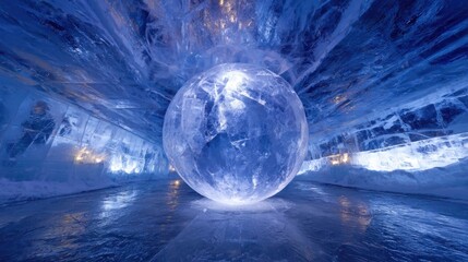 Ice sphere in a crystal cave. An illuminated marvel within a frozen world, radiating a captivating blue glow in a winter landscape.