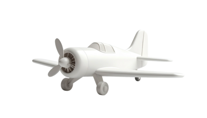 A 3D-rendered, monochrome illustration of a small, propeller-driven aircraft
