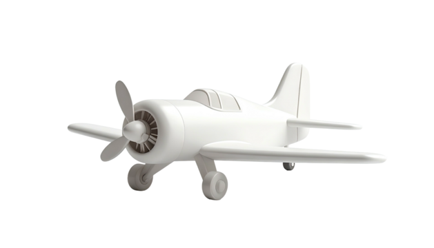 A 3D-rendered, monochrome illustration of a small, propeller-driven aircraft