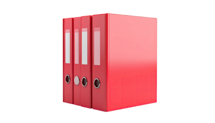 Red file binders aligned, with white labels on spines, against a black backdrop
