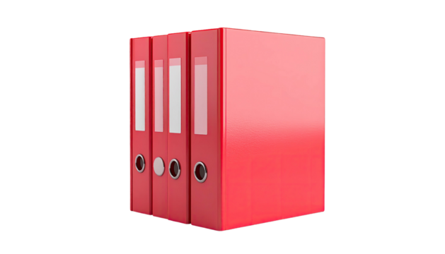 Red file binders aligned, with white labels on spines, against a black backdrop