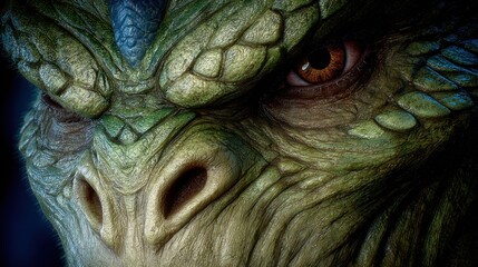 Obraz premium Intricate close-up of a reptile's face, showcasing its detailed scales and textured skin in shades of green, blue, and brown.