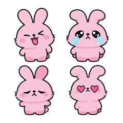 Adorable Pink Rabbit Bunny Cartoon Character Set Showing Strong Emotions: Crying, Love, Upset