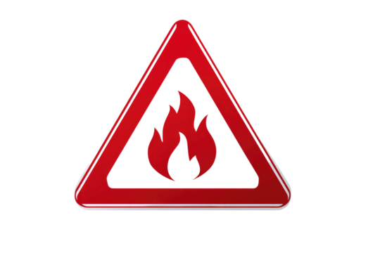 A striking red triangular warning sign featuring a bold flame icon, signifying a fire hazard or flammable materials. Ideal for safety alerts. background removed