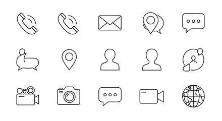 A collection of outlined communication and social media icons on a white background display created with generated ai
