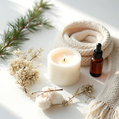 Spa candle and essential oil with dried flowers