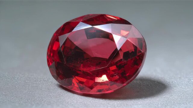 Faceted red ruby gemstone close-up in realistic photographic style on a textured gray background, symbolizing luxury and beauty