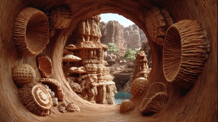Unique perspective looking out from an unusual cave towards striking rock formations, distant green trees, and the sky beyond.