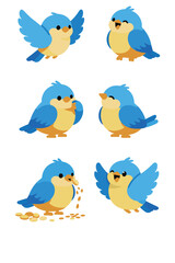 Cute Cartoon Blue Bird Character Set Vector Flying, Eating Seeds, and Showing Happy Emotions