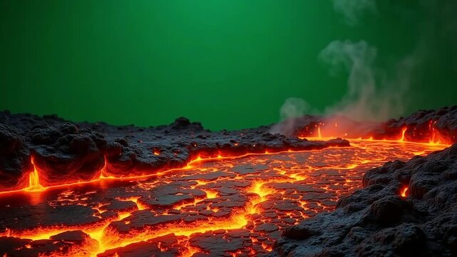 Fiery molten lava flow erupting across volcanic terrain with steaming vents, dynamic earth in motion