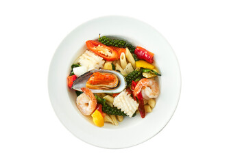 Thai Spicy Seafood Spaghetti Kee Mao Talay Isolated on White with Clipping Path