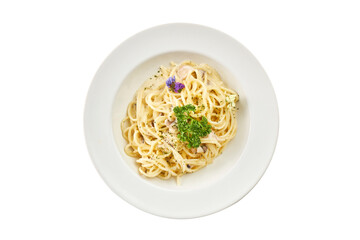 Spaghetti Carbonara Cream Sauce with Cheese and Parsley Isolated on White with Clipping Path