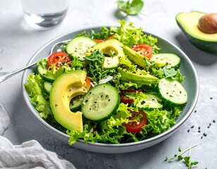 Fresh salad with avocado, cucumber, and cherry tomatoes