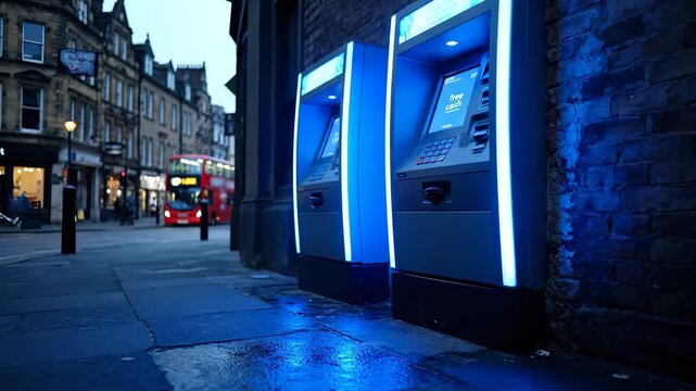 Two ATMs stand on the street as the ATMs glow with blue light. The street is empty with ATMs nearby, while a red bus approaches the ATMs in the distance.