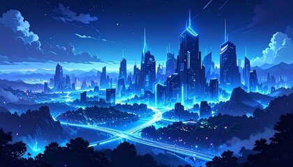 Generated image using Firefly with command "Futuristic skyline viewed from above, glowing city grid, fog and holograms"