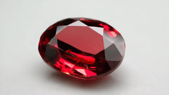 Shiny faceted deep red ruby gemstone photographed in close-up on a clean white background, symbolizing luxury, wealth and elegance
