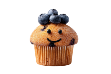 A cheerful blueberry muffin with a happy face, topped with four fresh blueberries, set against a stark transparent background, ready to brighten your day. background removed