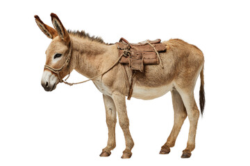 A docile light brown donkey with a pack saddle and rope bridle stands on a transparent background, ready for work or travel. background removed