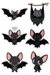 Cute Cartoon Black Bat Character Vector Set Hanging Upside Down and Showing Different Expressions
