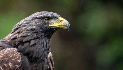 Fototapeta premium Close-up shot of raptor profile; dark feathers, yellow beak, intense gaze