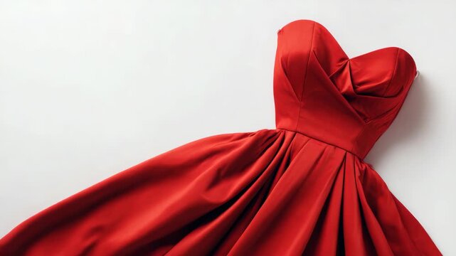 Glamorous red strapless evening dress with pleated skirt, realistic style, isolated on white background, concept of fashion and elegance