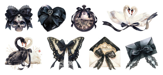 PNG Vintage gothic romantic collage elements, element set on transparent background