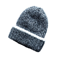 Cozy knitted beanie hat in gray and white perfect for winter warmth and stylish fashion