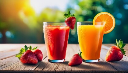 Cold Strawberry and Orange Juices with Fruit Garnishes on Wooden Surface