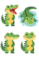 Cute Cartoon Alligator or Crocodile Character Vector Set Roaring, Swimming, and Smiling