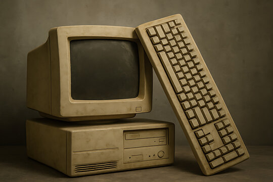 Vintage beige computer tower monitor and keyboard setup