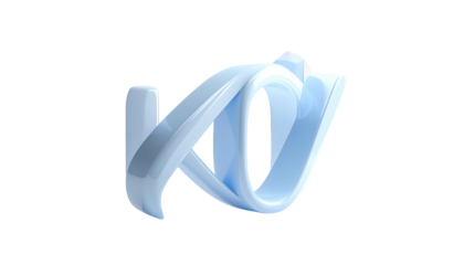 3D rendered, cursive-style, light-blue letter "K" intertwined with "V" on black