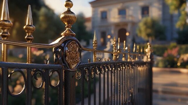 Elegant wrought iron fence with ornate details guarding a grand estate.